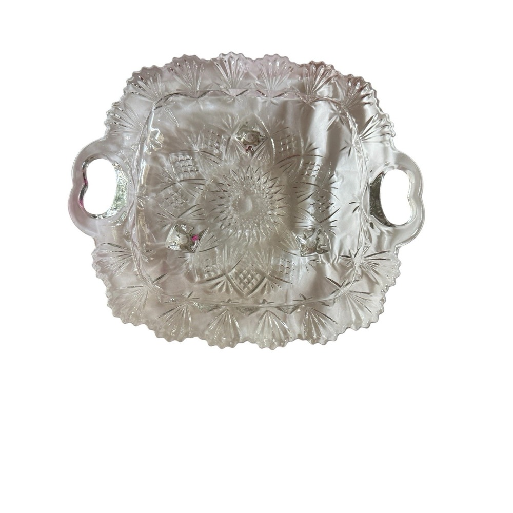 Vintage Footed Pressed Glass Serving Tray Handles Starburst Clear 10.5 x 9